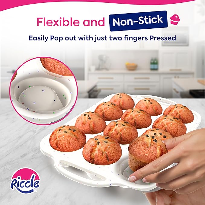 RICCLE 2 Pack Silicone Muffin Pan with Metal Reinforced Frame, 12-Cup Cupcake Pan, Silicone Muffin Tray Cupcake Baking Pan Molds, Molds for baking, Oven & Dishwasher Safe, BPA-Free
