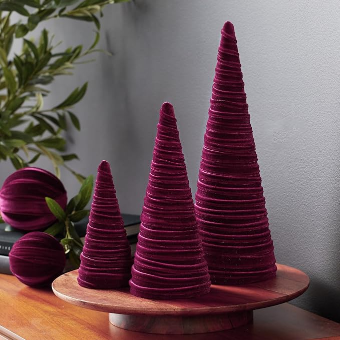 Your Heart's Content Wine Velvet Trees Set of 3, Valentine Tree Tabletop, Elegant Mantel Accent, Tablescape, Modern Farmhouse Centerpiece (Wine) - Image 3