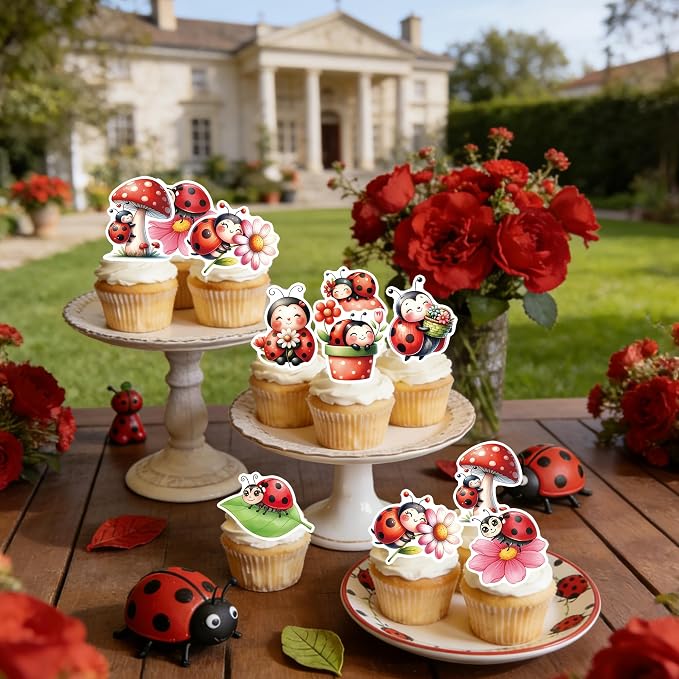 72PCS Edible Ladybug Cupcake Toppers Wafer Paper Flowers Insects Cake Decorations Picks for Baby Shower Kids Birthday Party Cake Decorations Supplies - Image 4