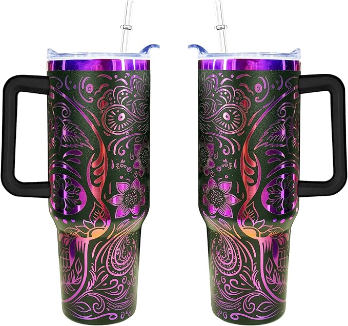Goth 40 oz Skull Laser Engraving Tumbler With Handle With Lid Straw Double Insulated Travel Coffee Cup Skull Travel Accessories Must Have Gifts For Women
