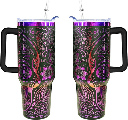 Goth 40 oz Skull Laser Engraving Tumbler With Handle With Lid Straw Double Insulated Travel Coffee Cup Skull Travel Accessories Must Have Gifts For Women