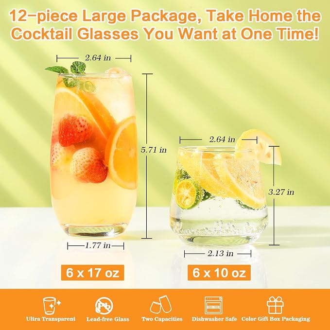 ISMASOAN Drinking Glasses Set of 12, 6 Tall 17 oz & 6 Stemless Wine 10 oz | Glass cup set in a gift box for kitchen use. Drinkware glasses for mojitos, cocktails, wine, juice and everyday beverages - Image 2