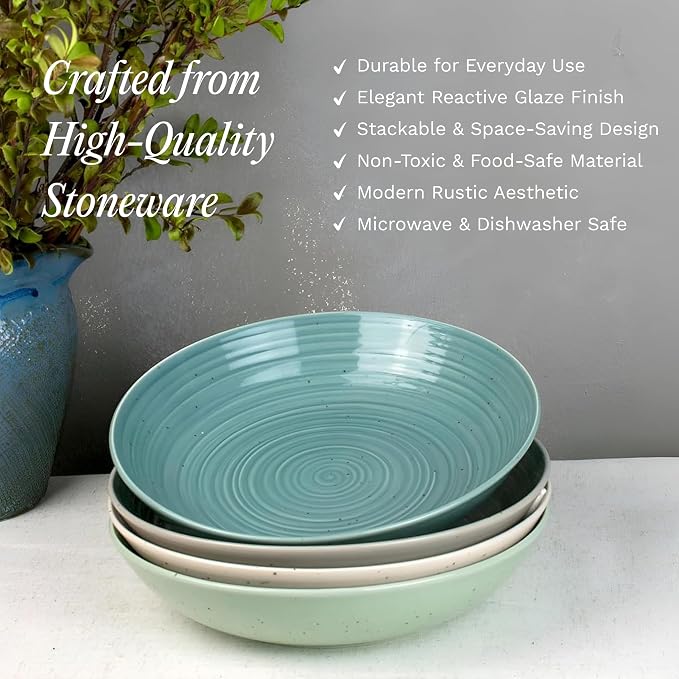 Sango Siterra Artist's Blend Stoneware Pasta Bowls (Set of 4) Multi Assorted Colors– Featuring Soft Gray, Blue, Green, and Ivory, for Everyday Dining & Entertainment, Microwave & Dishwasher Safe - Image 3