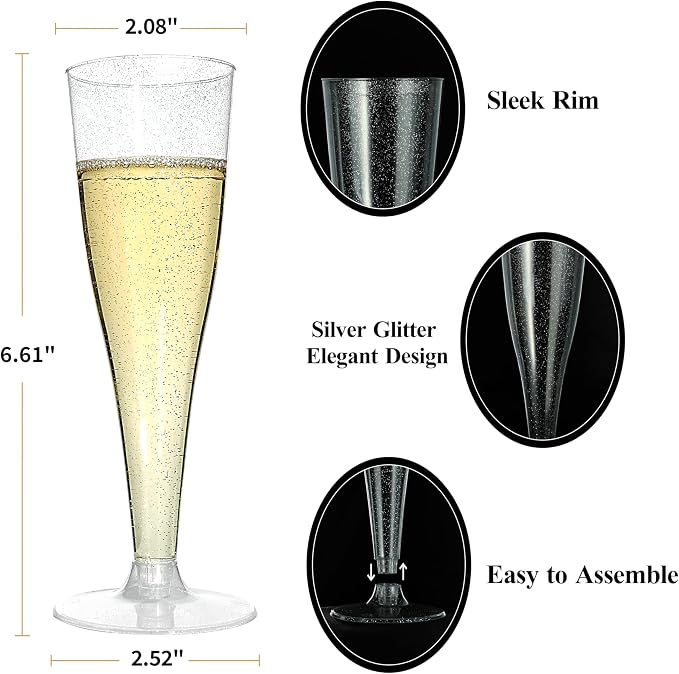 Bestluck 50Pack 4.5oz Silver Glitter Champagne Flutes Plastic | Plastic Disposable Stemware, Disposable Champagne Flutes for Party, Mimosa Bar, Wedding, Anniversary and Graduation - Image 2