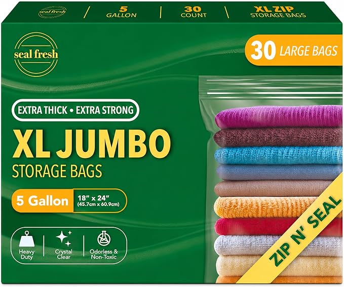 Seal Fresh 5 Gallon Large Plastic Storage Bags – 18" x 24" (30 Count) – Reusable XXL Extra Large Clear Jumbo Zip Bags with Sealable Zipper Top For Clothes, Travel, Moving by SealFresh