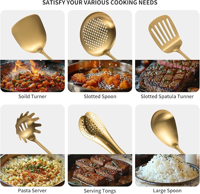 304 Stainlss Steel Matte Kitchen Utensils Set, 11 Pcs Long Metal Cooking Utensil Gadgets Tools Set with Spatula, Spoon, Ladle, Skimmer, Tunner, Pasta Server, Tongs(Gold, Dishwasher Safe) - Image 3