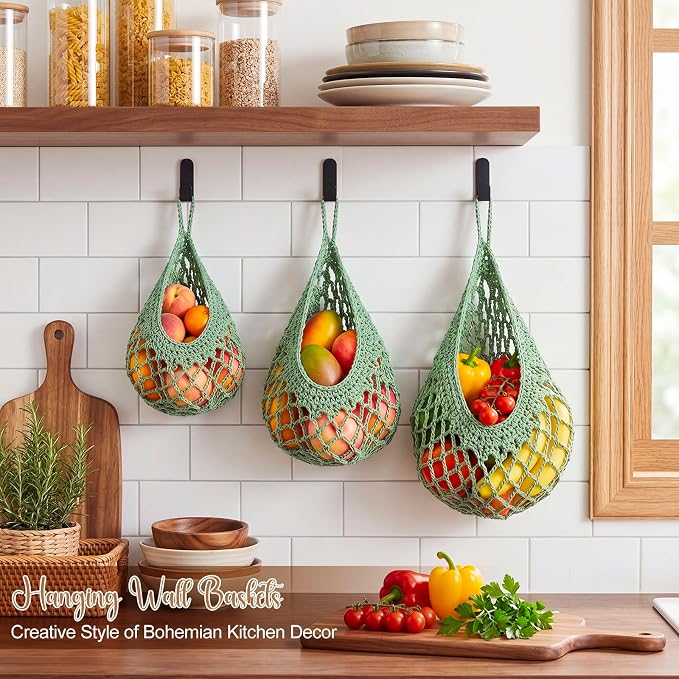 Honeydak Boho Decor Hanging Wall Baskets for Kitchen 3 Pack Teardrop Baskets with Hooks Storage Fruit Onion Vegetable Potato for Home(Sage Green,Crochet,Cotton Rope) - Image 4