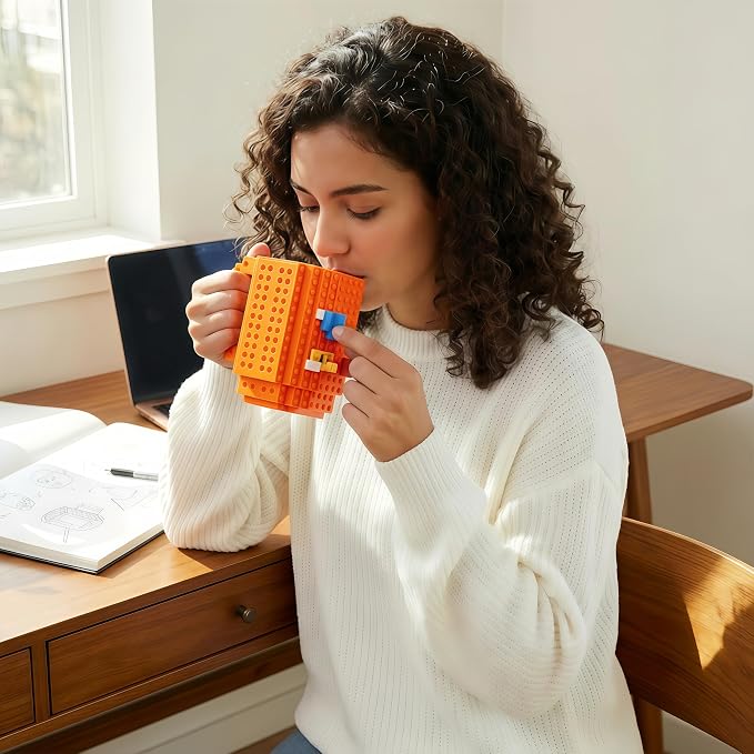 Lumsburry Build-on Brick Coffee Mug, Funny DIY Unique Novelty Drinking Cup | Building Blocks Creative Mug, for Men Women Kids Dad Mom, Present Exchange Ideas, Xmas Birthday White Elephant(Orange) - Image 6