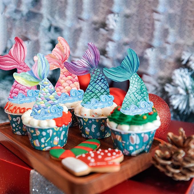 48Pcs Edible Mermaid Tail Cupcake Toppers Wafer Paper Mermaid theme Birthday Party Baby Showers Party Decoration - Image 5