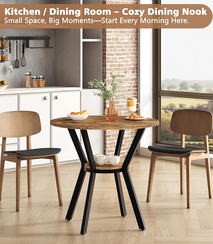 MECHYIN 31.5" Round Kitchen Table for 2-4, Small Round Dining Table with Storage, Rustic Wood Circle Table with Metal Legs, Compact Dining Room Table for Kitchen, Cafe, Apartment and Small Space - Image 6