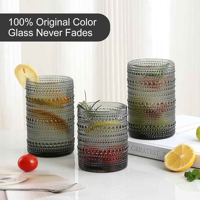 ZMOWIPDL Drinking Glasses Set of 12,Grey 12oz & 15oz Hobnail Glass Cups | Vintage Glassware，Embossed Water Tumbler,for Beer,Cocktail,Whiskey,Juice and Various Mixed Drinks- 1 Cleaning Brush - Image 3