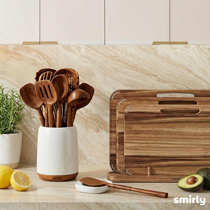 SMIRLY Walnut Wooden Utensil Set with Ceramic Holder & Spoon Rest,12-Piece | Non-Scratch Wooden Spoons for Cooking, Comfortable Grip Luxury Kitchen Gifts for Serving, Nonstick Cookware and Housewarming - Image 7