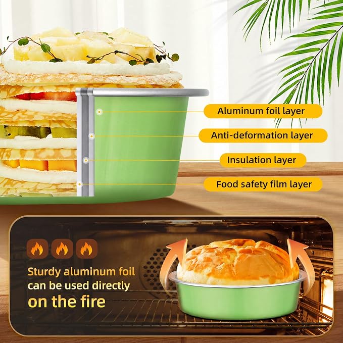 Beasea Mini Tart Pans with Lids 120 Pack, 7.3oz 4 Inch Matcha Green Disposable Aluminum Foil Baking Cups Pie Tart Tins Individual Dessert Mini Cake Containers Oven Dishes for Cheesecake Muffin - Image 3