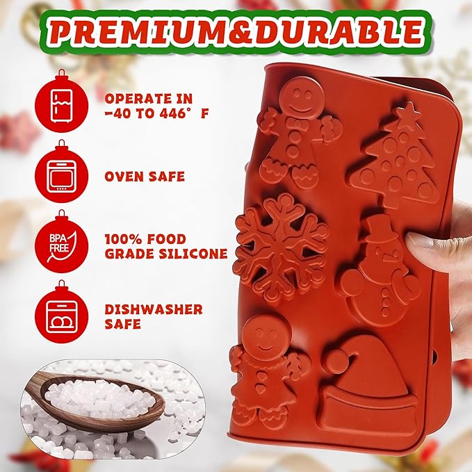 2Pcs Silicone Christmas Cookie Mold for Baking, Christmas Chocolate Cookie Molds Snowflake Snowman Christmas Hat Christmas Trees Gingerbread Man Shape Mold for Candies, Cookie, Wax Melts