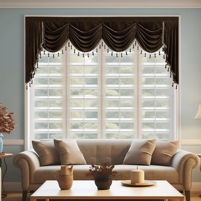 Extra Wide Brown Waterfall Valance Curtain W98 inches, 1 Panel | Super Soft Thick Heavy Velvet Fabric, Light Blocking Window Drapes Rod Pocket for Bay Window, Kitchen by StangH