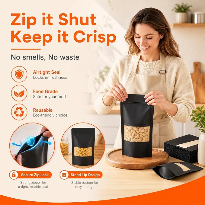 100 Pcs Black Kraft Paper Bags with Window, 4" x 6" Stand Up Pouches Bags, Food Storage Bags for Packaging Products, Reusable, Sealable - Image 5