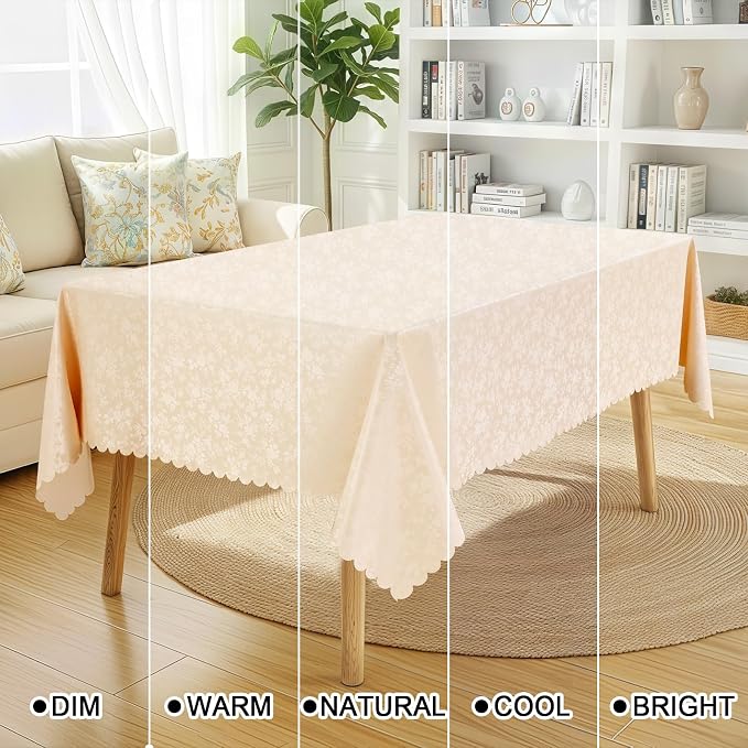 Smiry Rectangle Waterproof Heavy Duty Vinyl Tablecloths, 60 x 102 Inch | Wipeable Washable Floral Embossed Table Cover for Kitchen and Dining Room, Indoor & Outdoor Use, Beige - Image 3