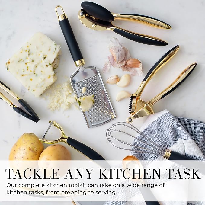 Styled Settings Black and Gold Kitchen Utensils, 8-Piece, Black & Gold | 8-Piece Gold Kitchen Tools Set with Can, Pizza Cutter, Peeler, Mini Whisk, and Tongs - Image 4