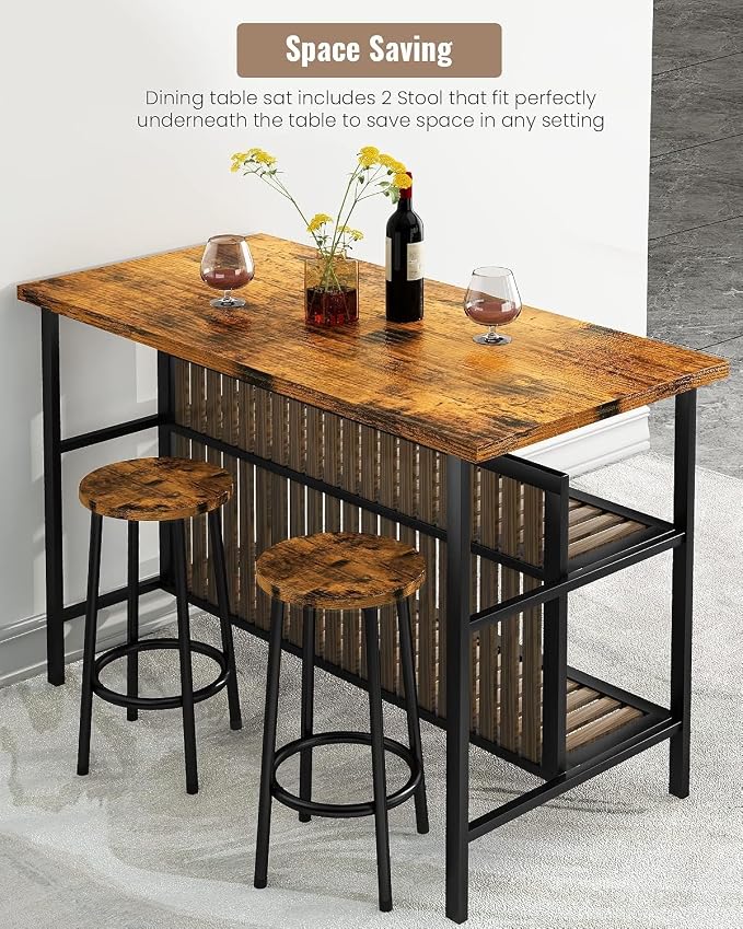AWQM Kitchen Island with Seating & Storage Shelf, Modern Bar Table and Chairs Set for 2, Wooden Island Table for Kitchen, Dining Table Set for Small Space, Walnut Color - Image 4
