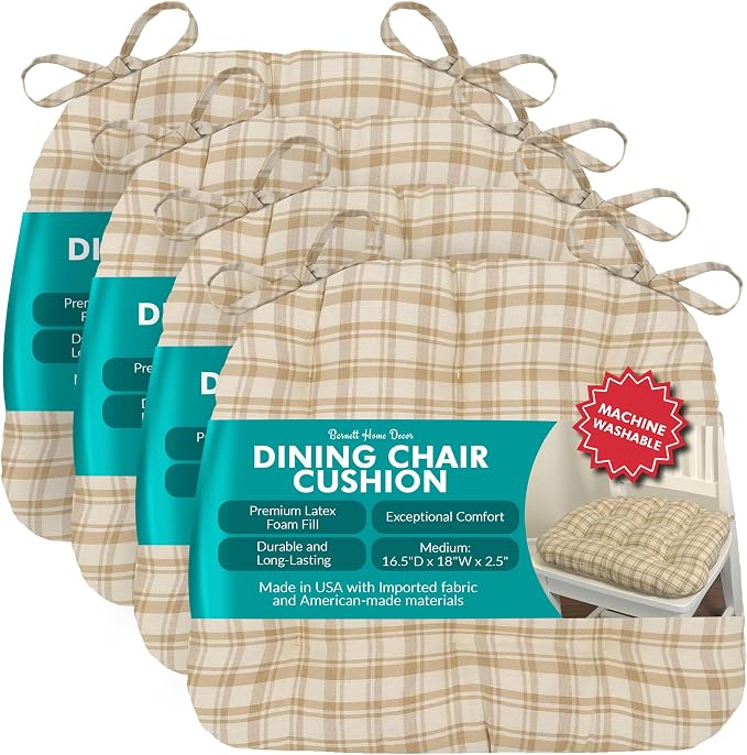 Barnett Home Decor Chair Cushions for Dining Chairs - 16.5 x 18 Kitchen Chair Cushions - Machine Washable, 100% Cotton, Made in USA - Latex Foam - Montgomery Natural Medium Pack of 4 by BarnettHomeDecor