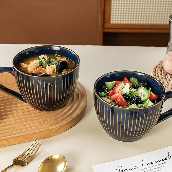 Ceramic Coffee Mugs with Handles, 24 oz Coffee Cups, Vertical Stripe Blue | Large Soup Bowl for Hot Chocolate, Cappuccino, Ramen, Oatmeal, Soup Mugs with Handles, Microwave & Dishwasher Safe - Image 9
