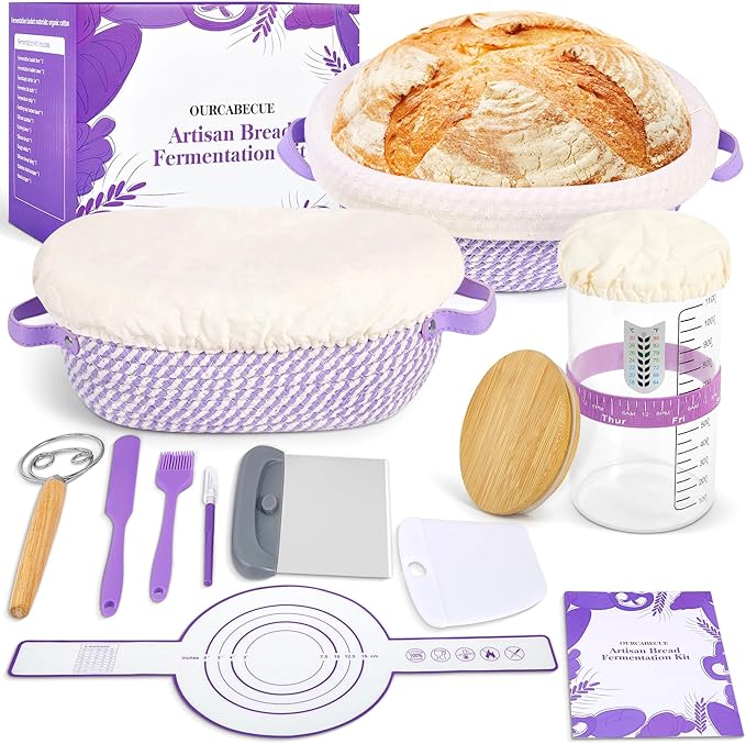 Sourdough Starter Kit - 41OZ Glass Starter Jar, 2 Cotton Rope Banneton Bread Proofing Basket, Sour Dough Kit Tools Complete Sourdough Bread Baking Supplies - Great for Bakers Wife Mom