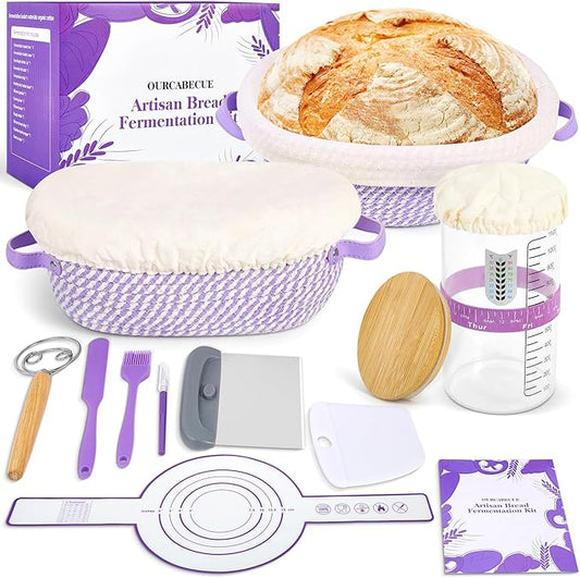 Sourdough Starter Kit - 41OZ Glass Starter Jar, 2 Cotton Rope Banneton Bread Proofing Basket, Sour Dough Kit Tools Complete Sourdough Bread Baking Supplies - Great for Bakers Wife Mom