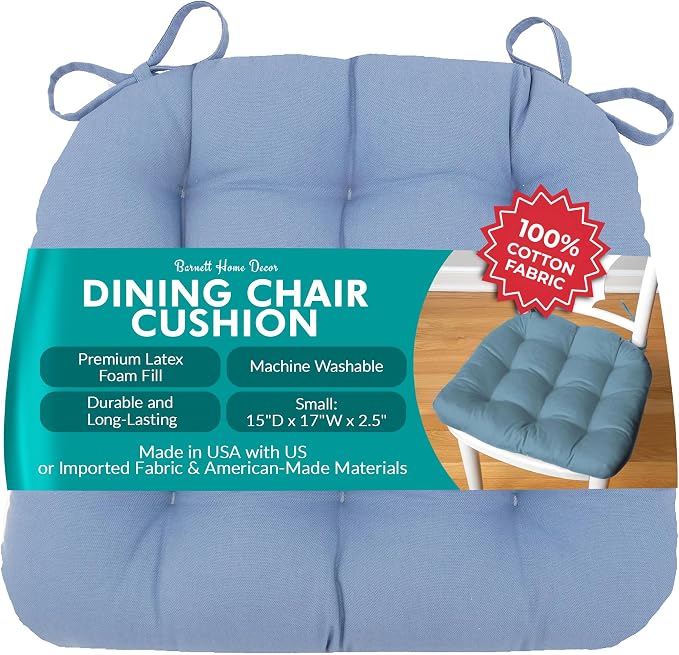 Barnett Home Decor Cotton Duck Bluebell Dining Chair Pad with Ties - 15 x 17 Size Small Chair Cushion - Latex Foam Fill - Machine Washable 100% Cotton, Made in USA (Colonial Blue/Small) by BarnettHomeDecor