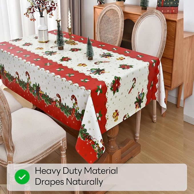 Christmas Tablecloth Heavy Duty Vinyl Red 54x54 inch Rectangle Christmas Table Cloth Reusable Waterproof Foldable Plastic Tablecloths PVC Xmas Table Cover for New Year Party Decor - Image 6