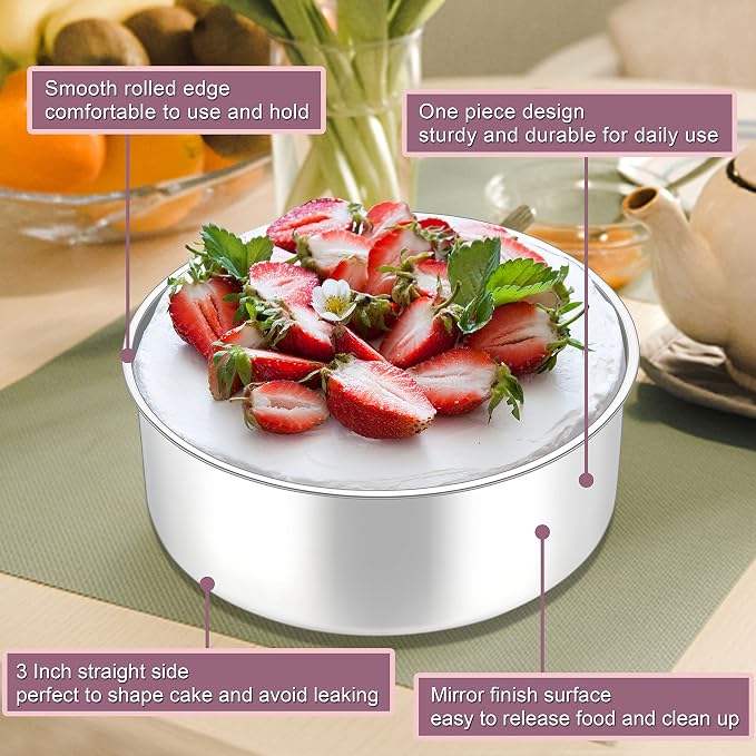 Herogo 8'' x 3'' Cake Pans Set of 2, Stainless Steel Deep 8 Inch Round Baking Pan, for Layer Birthday Wedding Christmas Cakes, Mirror Finish & Healthy, Deep Side & Oven Safe - Image 5