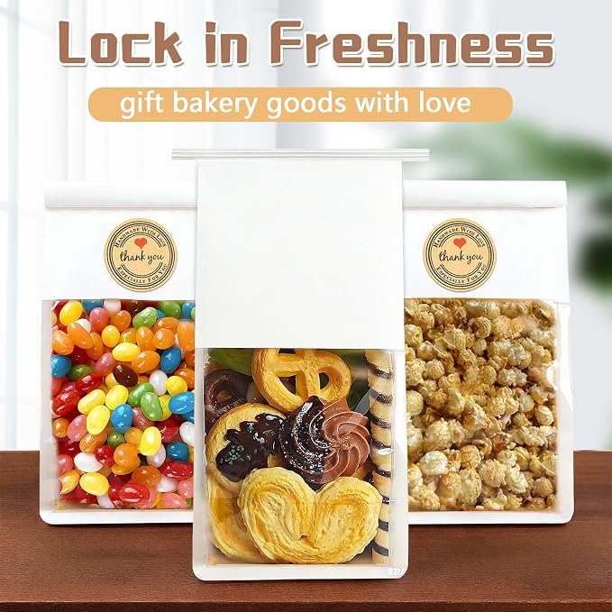 100 Pack White Cookie Bags with Seal, 8.2x3.9x3.1 Inch Tin Tie Tab Lock Bakery Bags with Window Resealable Paper Packaging Bag for Muffin, Candies, Scone, Brownie, Included 50 Thank You Stickers - Image 5