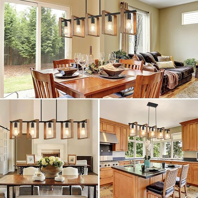 53’’ Farmhouse Kitchen Island Lighting, 5-Light Adjustable Dining Room Light Fixtures, Rustic Wood Chandeliers Black Hanging Light Fixtures for Kitchen, Pool Table Lights, Bulbs Not Included - Image 8