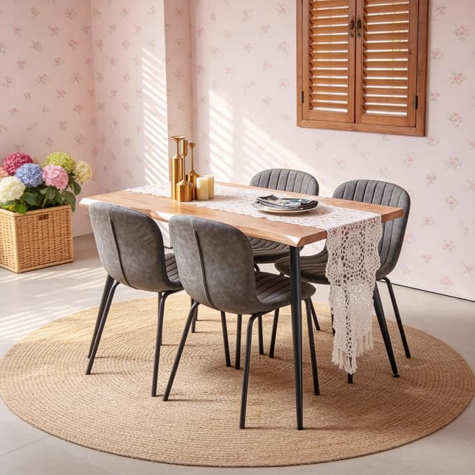 Rectangle Dining Table Set for 4 with Grey PU Leather Chairs | 5-Piece Mid-Century Modern Set, Irregular MDF Table, Wood Grain, Space-Saving for Small Spaces, Dining Rooms, Easy Clean - Image 2