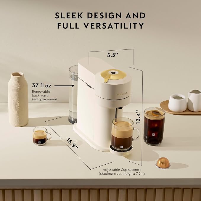 Nespresso Vertuo Next Coffee and Espresso Maker by De'Longhi, Creamy White and Gold | Creamy white and gold coffee machine with slim, sustainable design. Brews 6 cup sizes, espresso to 18 oz., topped with crema. - Image 3
