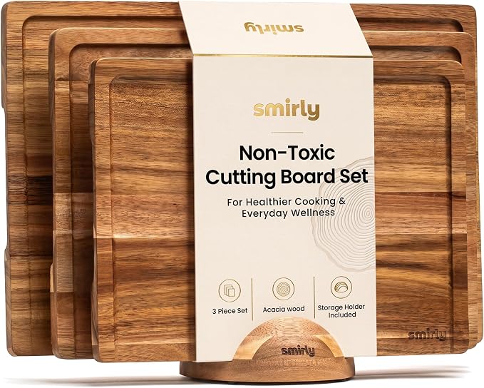 SMIRLY Cutting Boards for Kitchen, 3 Piece Acacia Cutting Board with Stand | Non Toxic Cutting Board with Juice Grooves and Handles, Multiple Sizes Wood Chopping Board for Meat Vegetable Charcuterie by Smirly