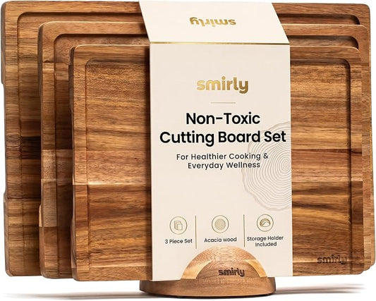 SMIRLY Cutting Boards for Kitchen, 3 Piece Acacia Cutting Board with Stand | Non Toxic Cutting Board with Juice Grooves and Handles, Multiple Sizes Wood Chopping Board for Meat Vegetable Charcuterie by Smirly