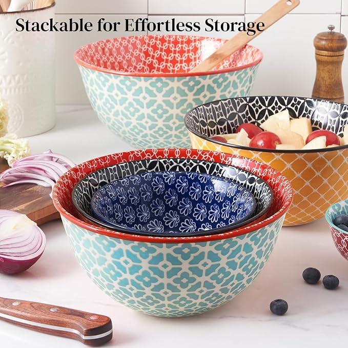 DOWAN Mixing Bowls, Ceramic Mixing Bowls for Kitchen, Colorful Vibrant Nesting Bowls for Cooking, Baking, Prepping, Serving, Salad, Housewarming Gift, Microwave Dishwasher Safe, 3.7/2/1 Qt, Set of 3 - Image 5
