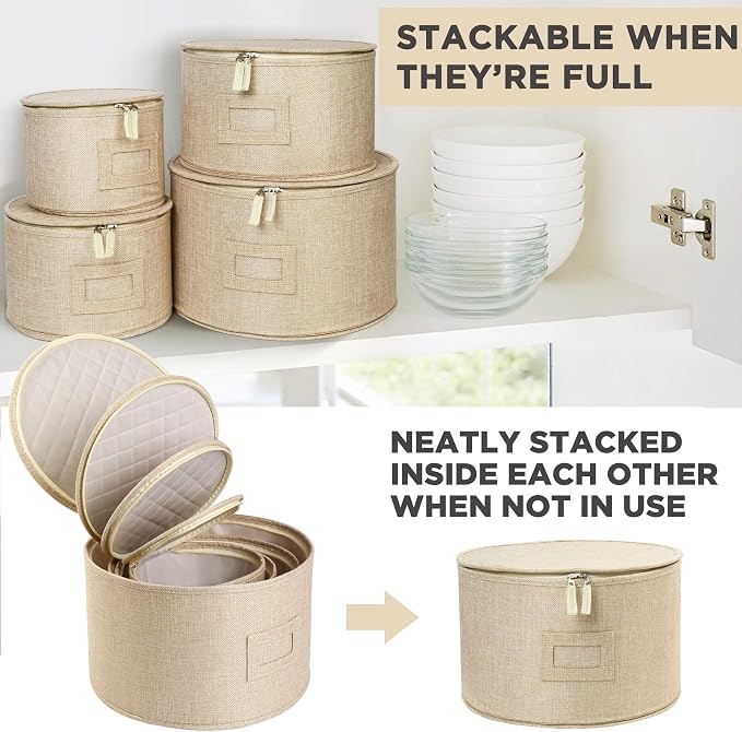 LotFancy China Storage Containers, Hard Shell, 4PCS Set, Dish Saucer Plate Storage Box for Moving, Stackable Dinnerware Organizer Bins with 48 Felt Dividers, Beige - Image 5