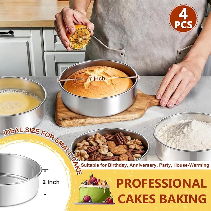 P&P CHEF 7 Inch Cake Pan Set of 4, Stainless Steel Round Cake Baking Pan | Layer Cake Tin Bakeware for Cooking Steaming, Ideal for Birthday Wedding Anniversary, Fit for Home & Commercial Use - Image 2