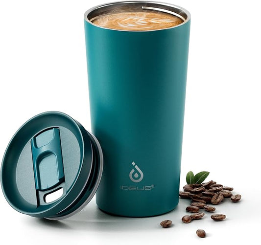 Ideus 17 oz Travel Coffee Mug, Double Wall Vacuum Stainless Steel Insulated Coffee Tumbler With Lid, Splash-Proof & Cup Holder Friendly, Keeps Drinks Hot/Cold, Dishwasher Safe, Peacock Blue by IDEUS