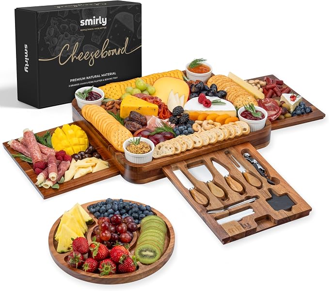 SMIRLY Charcuterie Boards Set, Large Cheese Board Set, Acacia | House Warming Gift, Wedding Gift for Couple, Bridal Shower Gift, Cheese Board Gift Set, Detachable Drawer Design, 3-Drawer by Smirly