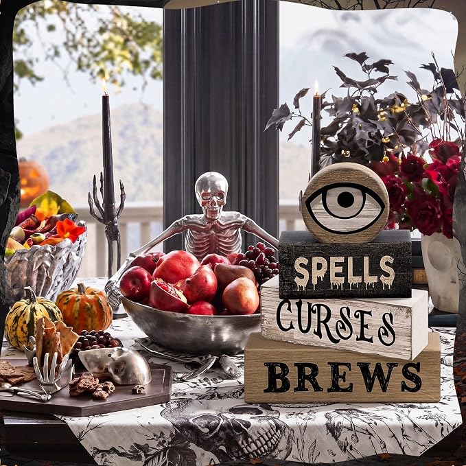 Moucuny 4 Pcs Halloween Table Decor Witchy Wooden Stacked Block Decor, "Spells Curses Brews" Signs with Eyeball Topper, Rustic Gothic Halloween Tiered Tray Decoration for Home Office Kitchen Shelf - Image 6