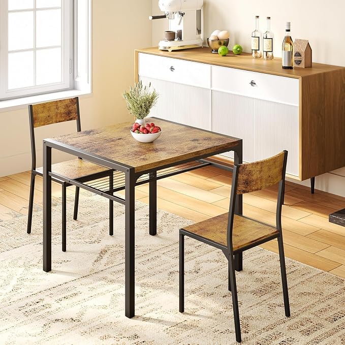 Gizoon 3-Piece Dining Table Set for 2, Small Kitchen Table & Chairs Rustic | Compact rustic 2-person dining set perfect for apartments. Features under-table storage rack and 2 chairs that tuck away. by Gizoon