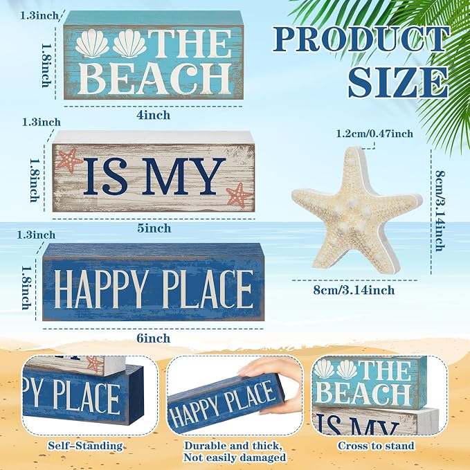 Moucuny 4 Pcs Summer Table Decoration Beach Tiered Tray Decor Starfish Coastal Rustic Wooden Block Sign Gifts Blue and White Ocean Centerpieces Farmhouse Beach Nautical Decor for Home Shelf Mantel - Image 4
