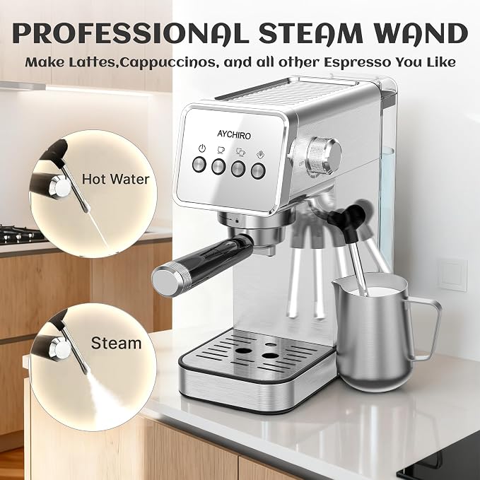 AYCHIRO 20 Bar Espresso Machine, Semi-Automatic Espresso Maker with Milk Frother Wand, Compact Stainless Steel Coffee Machine for Latte & Cappuccino, 37.2 oz Removable Water Tank - Image 5