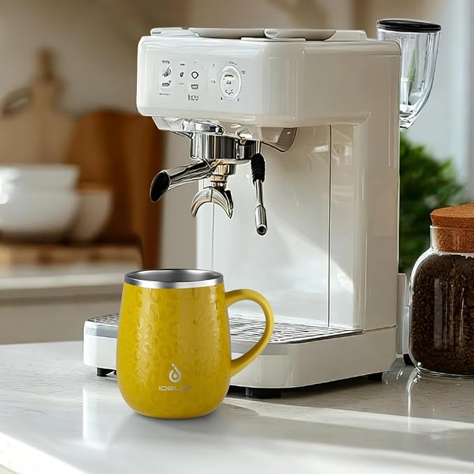 Ideus 16 oz Insulated Coffee Mug with Handle and Lid, Double Wall Stainless Steel Vacuum Thermal Coffee Mug, Travel Coffee Cup Thermal Cup for Home and Office, Leopard Yellow - Image 7