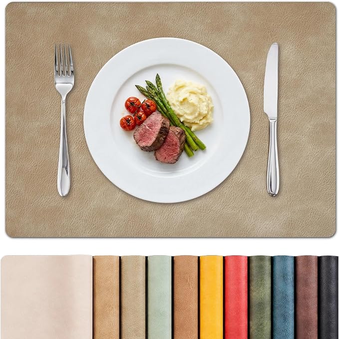 MOSAYT Vinyl Placemats Set of 8-12 X 17 Inch - Faux Leather 100% Waterproof Oil-Proof Wipeable PU Place Mats, Heat Resistant Reversible Table Mats for Kitchen, Dining, Outdoor, Apricot by MOSAYT