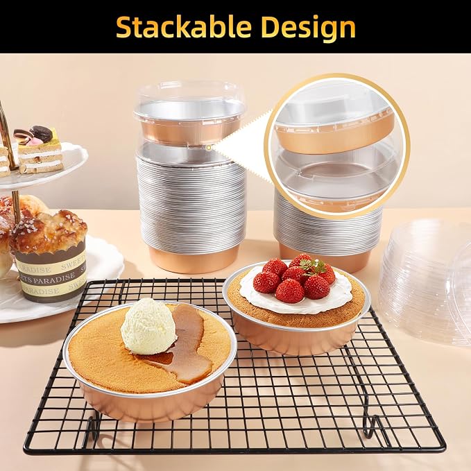 Beasea Mini Ramekins with Lids, 120 Pack 4 Inch 8oz Disposable Creme Brulee Tart Pie Tins Rose Gold Small Aluminum Foil Cake Baking Tins Pans Individual Round Containers Oven Safe for Baking - Image 6
