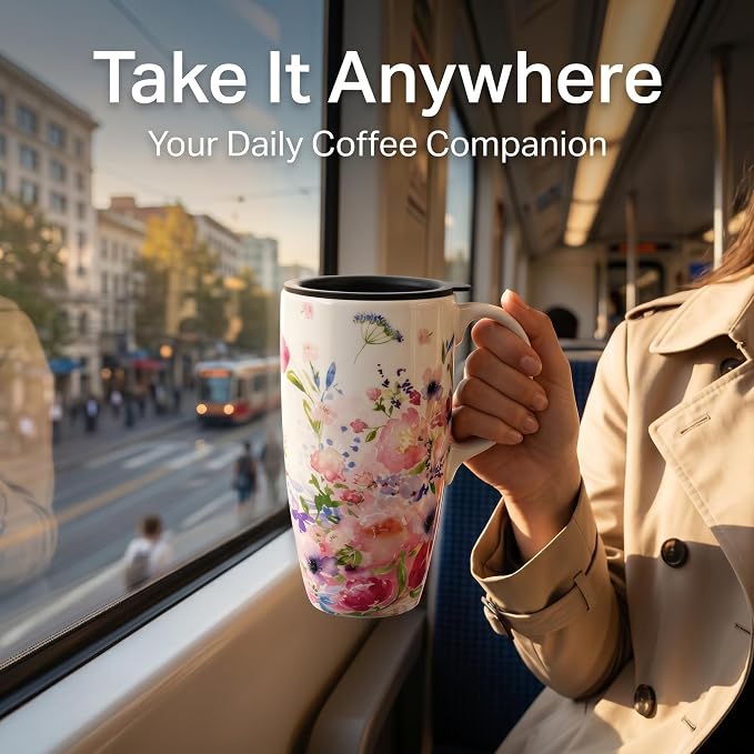 Topadorn 17oz Ceramic Travel Mug with Lid, Floral Coffee Mug with Handle | 17oz Ceramic Travel Mug • Floral Watercolor Design • Spill-Resistant Lid • Microwave & Dishwasher Safe • Gift Box - Image 7