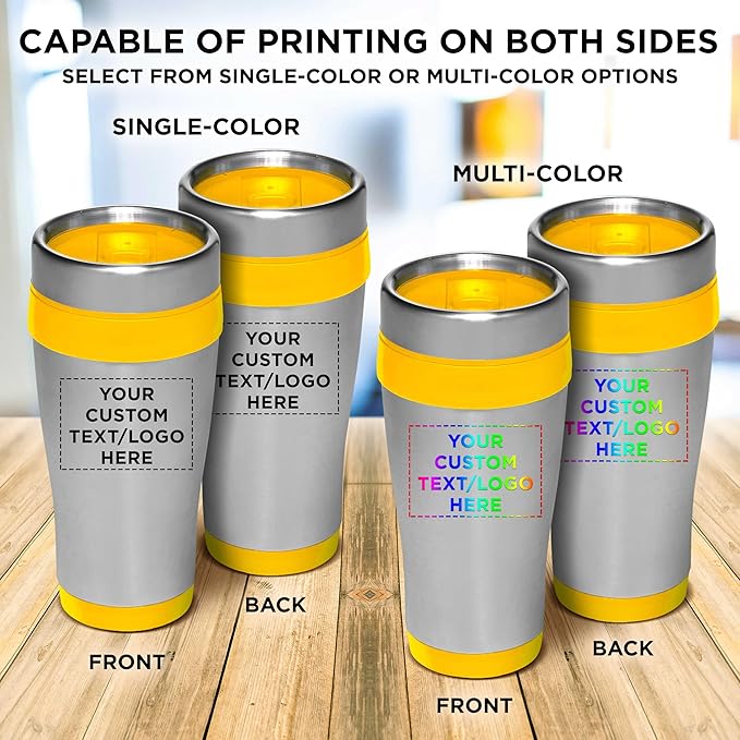 Custom Insulated Stainless Steel Travel Mugs 16 oz. Set of 10, Personalized Bulk Pack - Perfect for Coffee, Soda, Other Hot & Cold Beverages - Yellow